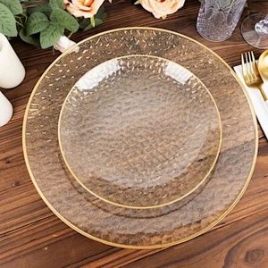 10 Round 7" CLEAR Hammered Plastic Salad DINNER PLATES Glitter Gold Rim Party - Picture 1 of 8