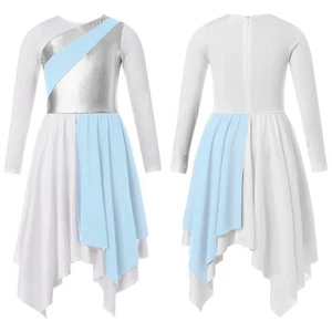 Kids Girls Dance Dress Contrast Performance Dress Long Sleeve Metallic Praise - Picture 1 of 64