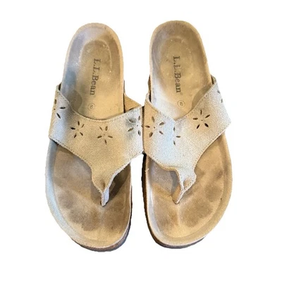 LL Bean Sandals Womens 8 Open Toe Flip Flop Gray Perforated Leather Casual Comfy - Image 1 of 4