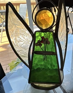 Green And Amber Stained Glass Handcrafted Angel of Love - Picture 1 of 6
