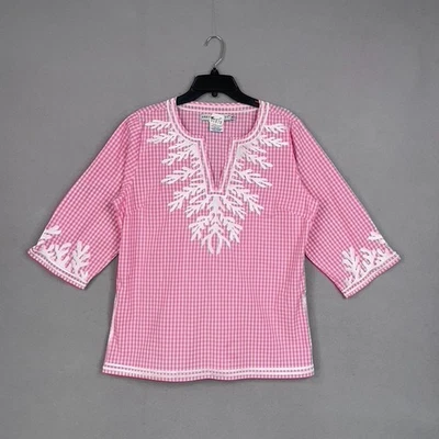 Gretchen Scott 衬衫女式 XL 粉红色格子刺绣束腰外衣 3/4 袖棉质 — 第 1/4 张图片