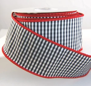 Zinger Wire Edged Black & White Striped Dupioni Ribbon Red Edge 2 1/2" 10 yards - Picture 1 of 1