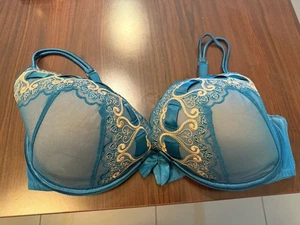 Cacique Teal Ribbon Gold Embroidered Lightly Lined Plunge Underwire Bra Sz 44DD - Picture 1 of 5