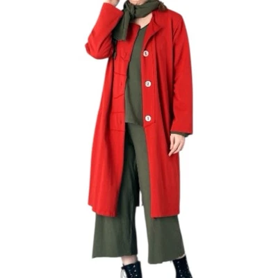 Fenini Lagenlook Red Button-Up Fleece Midi Coat Sz M Oversized Minimalist NWT - Изображение 1 из 4