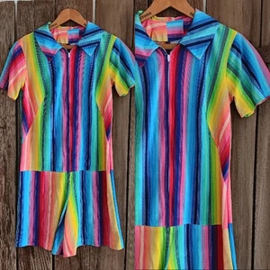 Rainbow Light Terrycloth Handmade Romper Womens Upcycled Fabric Vtg Pattern *A - Picture 1 of 12
