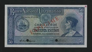 Portugal PORTUGUESE CAPE VERDE 50 escudos 1945 P-44s SPECIMEN GEM UNC RARE - Picture 1 of 2