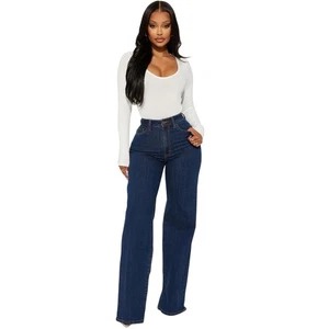 Fashion Nova Chasing Thrills Stretch Wide Leg Jeans Dark Wash Size 0 NWT - Picture 1 of 10