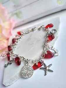 Sea Life Silver Charm Bracelet, Red Seaglass Beach Chain Jewelry