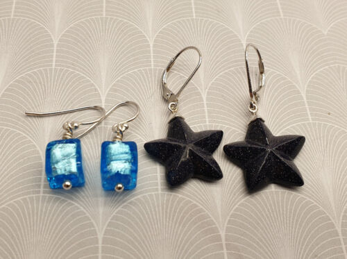 Two Pairs of Vintage 925 Silver Murano Glass and Galaxy Stone Star Drop Earrings