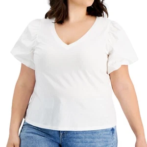 INC Poplin V Neck White Puff Sleeve Top 1X - Picture 1 of 5