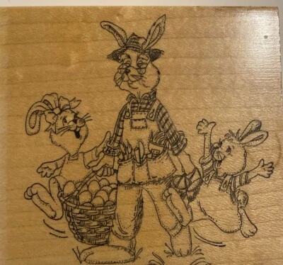 Impresiones artísticas estampillas de goma de madera P-1295 conejos de Pascua con huevos en cesta Foto 1 de 3