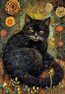Arte de pared con flores abstractas de gato negro Gustav Klimt impresión de póster imagen A3 A4 A5 - Imagen 1 de 6