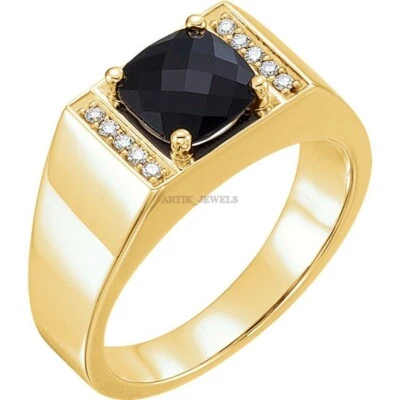 Natural Ónice Negro Piedra Con 14K Anillo Plata Chapado en Oro para Hombre #1239 - Imagen 1 de 4