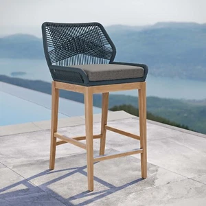 Modway Wellspring Outdoor Patio Teak and Woven Rope Bar Stool in Blue Graphite - Picture 1 of 7