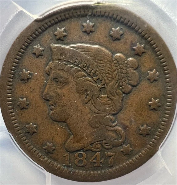 1847 Braided Hair Large Cent PCGS VF25 - Image 1 of 2