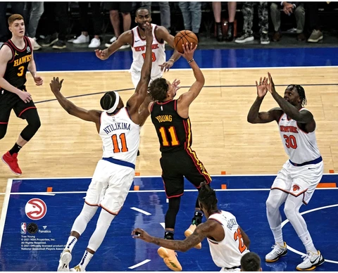 Trae Young ATL Hawks UnSigned 2021 EC Playoff Game 1 Winner vs Knicks Photo Cover