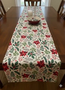 Poinsettia & Holly Cotton Christmas Table Runner, 200 x 30cm - Picture 1 of 1