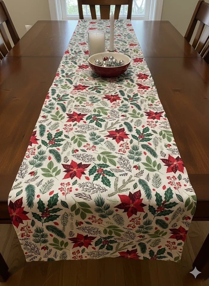 Poinsettia & Holly Cotton Christmas Table Runner, 200 x 30cm - Image 1 of 1