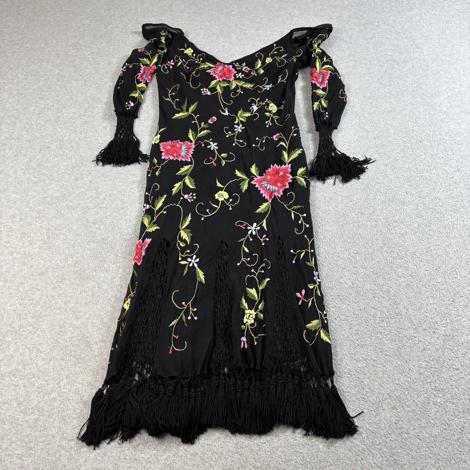 Vintage Sue Wong Silk Dress Women 6 Black Floral Embroidered Fringe Tassel Boho - Image 1 of 4