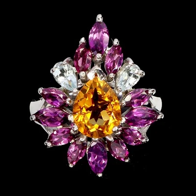 925 Sterling Silver Ring Pear Citrine 9x7mm Aquamarine Gemstone Jewelry Size 8 - Image 1 of 4