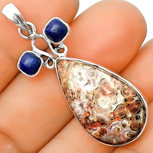 Leopard Skin Jasper & Lapis Lazuli 925 Sterling Silver Pendant Jewelry P-1083 - Picture 1 of 5