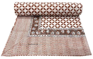 Geometric Block Print Kantha Throw India Handmade Reversible Bedspread /Bedcover - Picture 1 of 9