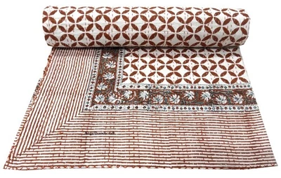 Geometric Block Print Kantha Throw India Handmade Reversible Bedspread /Bedcover - Image 1 of 4