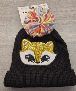 Super Cute Children's Black Pom Pom Fleece Lined Sequin Fox Character Knit Hat - Picture 1 of 3