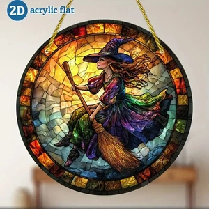 Flying Witch Broomstick Halloween Suncatcher Stained Glass Effect Decor Gift - Picture 1 of 5