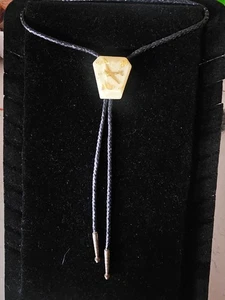 Cravatta vintage Bolo oro Jet fiocchi estremità argento treccia pelle nera - Foto 1 di 6