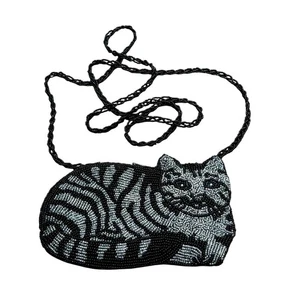Beaded evening bag cat fancier novelty shoulder bag black silver kitty purse - Picture 1 of 9