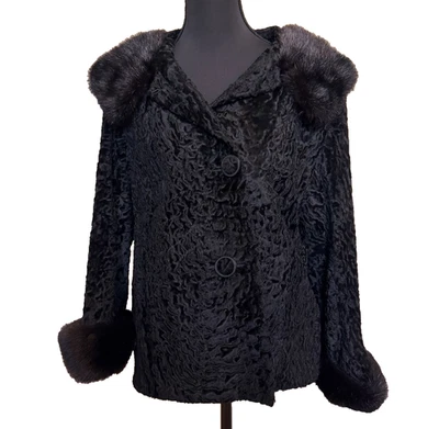 Jaqueta feminina de pele de cordeiro persa genuína punhos de gola de pele de raposa tamanho 8 ou 10 personalizada - Imagem 1 de 4