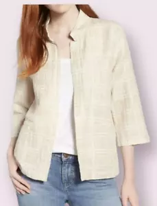 Eileen Fisher Leinen Baumwolle Jacke PL Bio Struktur kariert vorne offen beige - Bild 1 von 9