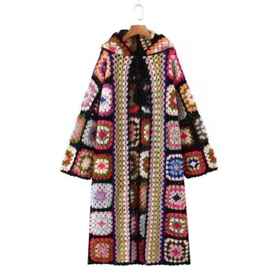 Occident Women's Knitted Long Hooded Cardigan Handmade Rainbow Loose Jacket Coat - Image 1 of 4