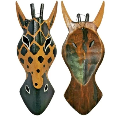 Giraffe Mask Animal African Art Wood Safari Carved Sculpture Hanging Wall Decor - Image 1 of 4