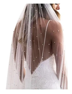 1 Tier Pearl Chapel Length Wedding Bridal Veil With Metal Comb Ivory F55 - Picture 1 of 7