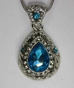 Blue Teardrop Crystal & Rhinestone Necklace with Filagree Accents- March  - Picture 1 of 6