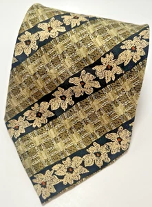 C. Valentino Men's 100% Silk Neck Tie Beige w/ Striped Floral Pattern Plaid Vtg - Picture 1 of 8