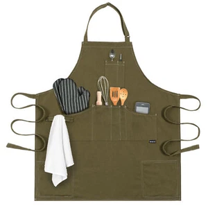 Kitchen Apron Canvas Adjustable Chef Cotton Bib for Men Women Cooking Baking BBQ - Picture 1 of 37
