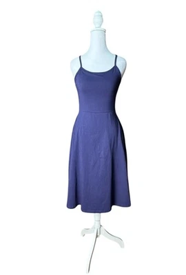 Pact Navy Stretch Fit & Flare Midi Dress Sz Small Pockets  Organic Cotton Basics - Image 1 of 4