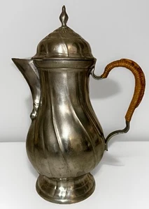 Antique Pewter Teapot Basketweave Handle Diagonal Swirl Hinged Lid Art Nouveau - Picture 1 of 12