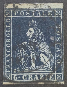 TOSCANA STATI ITALIANI 1851 Usato Imperf 6 Cr Blu Scuro su Blu Sass #7 CV €500+ - Foto 1 di 2