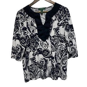 Lauren Ralph Lauren LRL Top Damen 1X Plus Schwarz Weiß Paisley 3/4 Arm Baumwolle - Bild 1 von 8