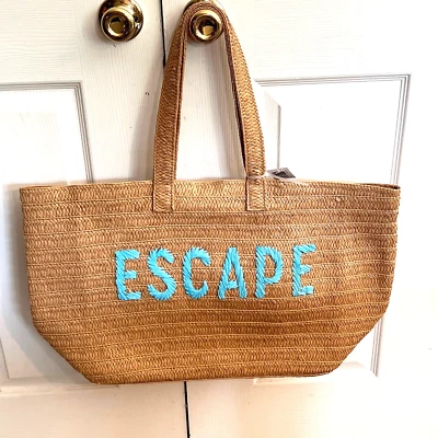 New w/Tags Oversized Paper Straw Tote Bag 23.5" x 14" Tan Blue ESCAPE on front - Image 1 of 4