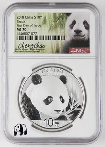 China 2018 30 Gram Silver Panda 10 Yuan Coin NGC MS70 First Day Designer Signed - Picture 1 of 2