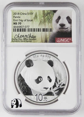 China 2018 30 Gram Silver Panda 10 Yuan Coin NGC MS70 First Day Designer Signed - Image 1 of 2