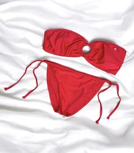 Cherry Red Bandeau Bikini Swim Set Beach Summer Vacation Sexy Y2K Size Large - Picture 1 of 6