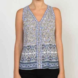 Rebecca Taylor Indian Floral V Neck Top Sz 8 Blue High Low Sleeveless Blouse MED - Picture 1 of 10