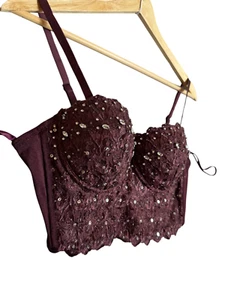 Windsor Women Bustier Corse With Lace &  Rhinestone Brown Color Size M - Picture 1 of 4