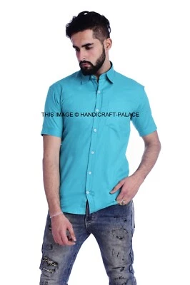 Women's Short Sleeve Cotton Plain Formal Men's Shirt Turquoise Slim Fit Shirt - Изображение 1 из 4